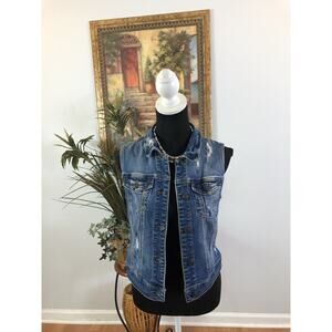 Wax Jean EST 92 Women Denim Vest M Dark Wash Distressed Button Down‎ 2 Pockets